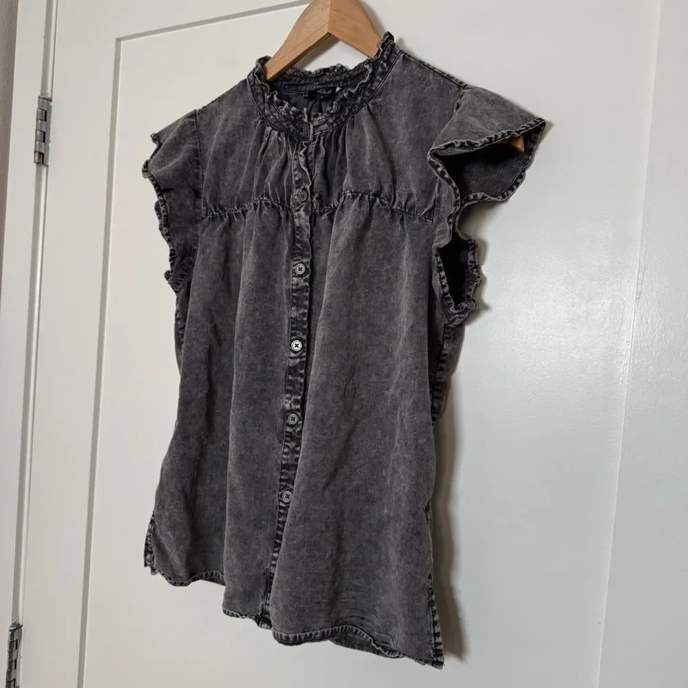 Rails Ruthie Black Acid Wash Top S Flutter Sleeve Button Up Linen Lyocell Ruffle